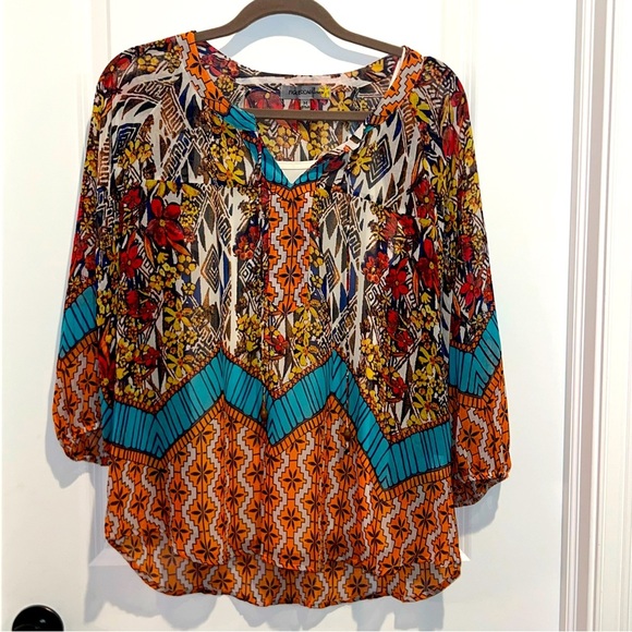 Figueroa & Flower BohoPeasant Top M Floral Tie Front Elastic Cuff Pullover - Picture 1 of 7